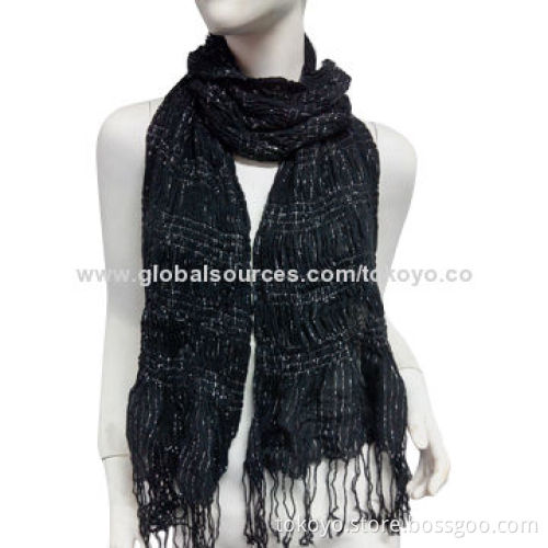 Woven ruffled scarf with spandex and Lurex, yarn dyed, made of modal and viscose, size of 180*70+8cm